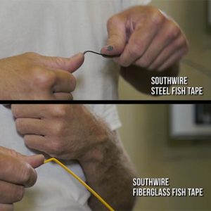 The SIMpull Fish Tapes won’t bend or break like steel and fiberglass- however, they do incorporate the best feature of each, ensuring you get the strength of steel and the non-conductive properties of fiberglass. This feature helps when running through 90-degree bends, allowing it to roll off turns and continue moving without causing damage to the fish tape.